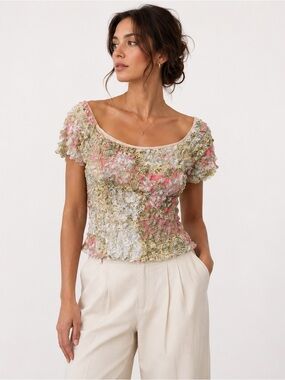 Joseph Ribkoff Vintage Floral Ruched Crinkle Top Cottagecore Coquette Y2K Fairy